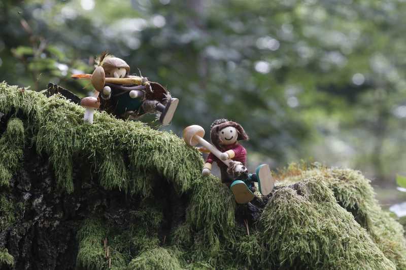 Zwei kleine Filzfiguren sitzen auf einem bemoosten Baumstumpf zwischen winzigen Pilzen